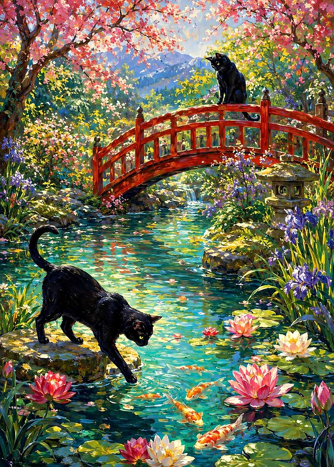 Black Cats at Japanese Garden Pond