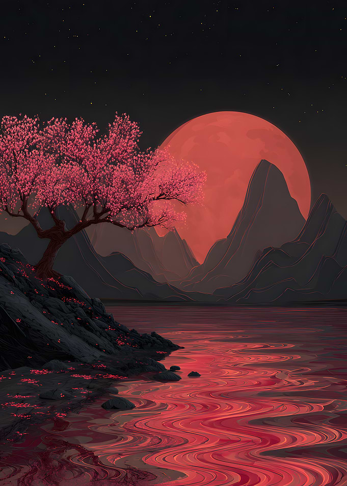 Red Moon Over Cherry Blossom Lake