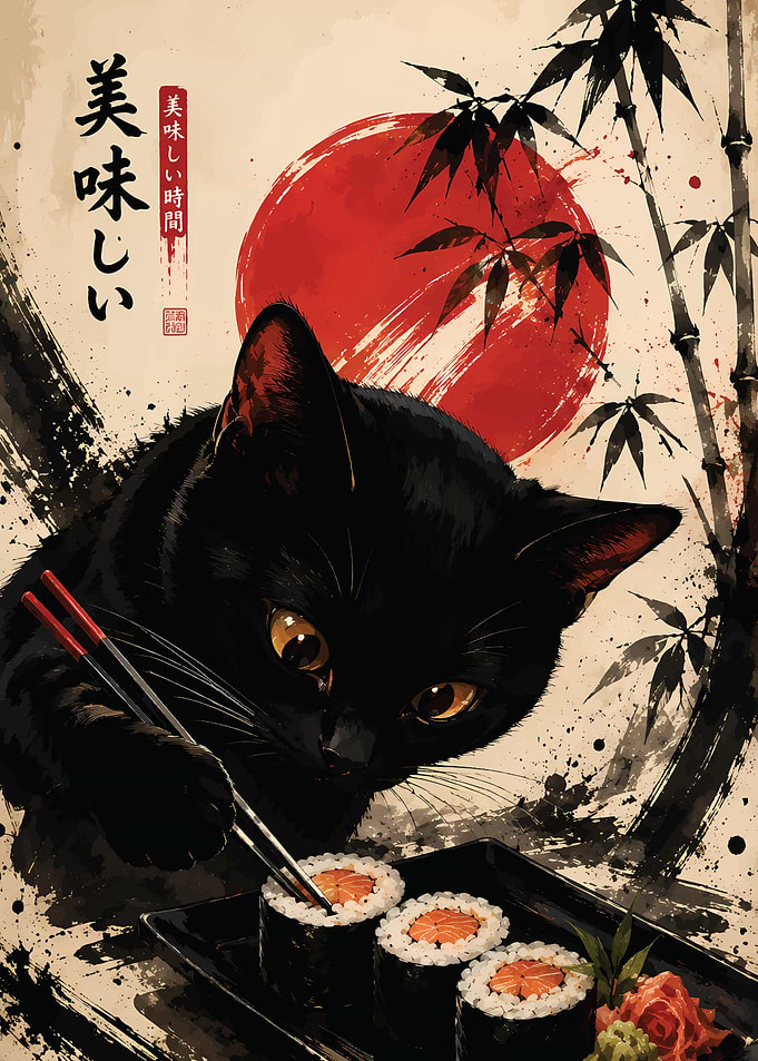 Black Cat Eating Sushi Illustration