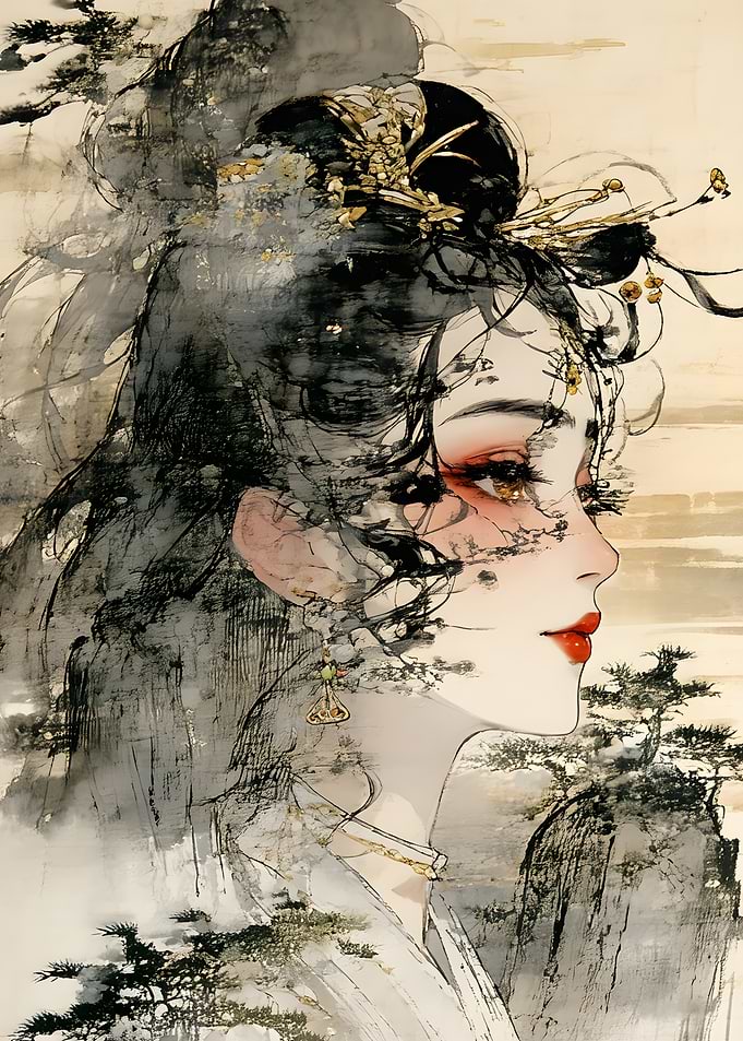 Ethereal Ink Wash Portrait of Woman