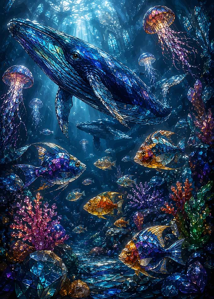 Stained Glass Underwater Ocean Scene