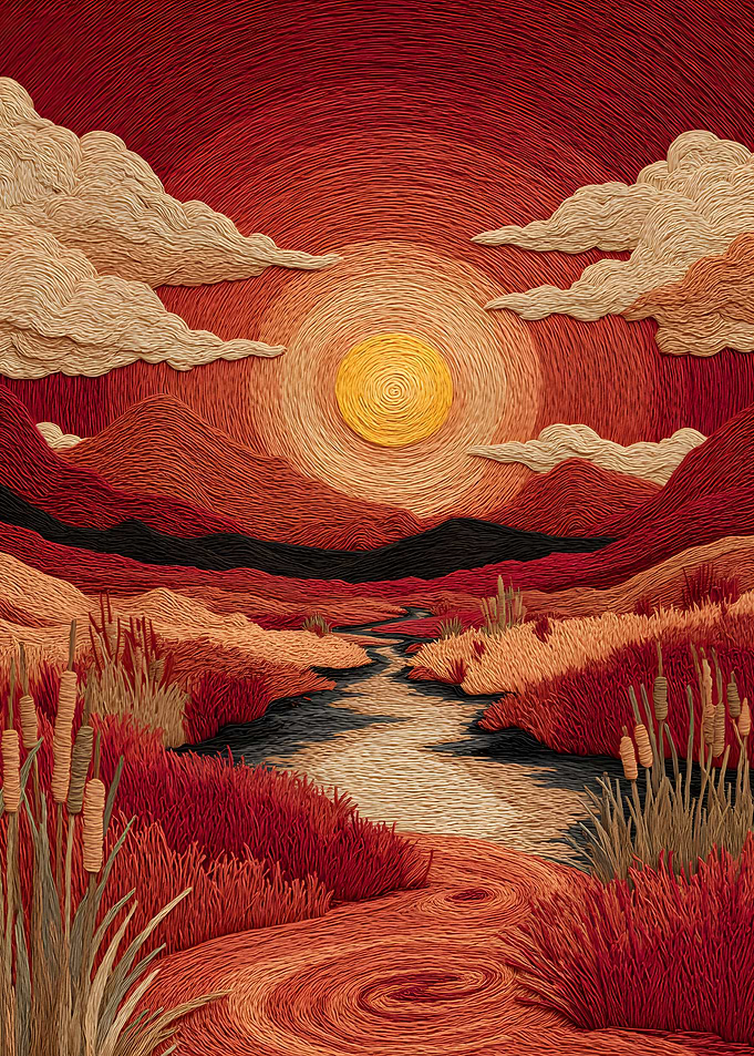 Embroidered Sunset Landscape with River