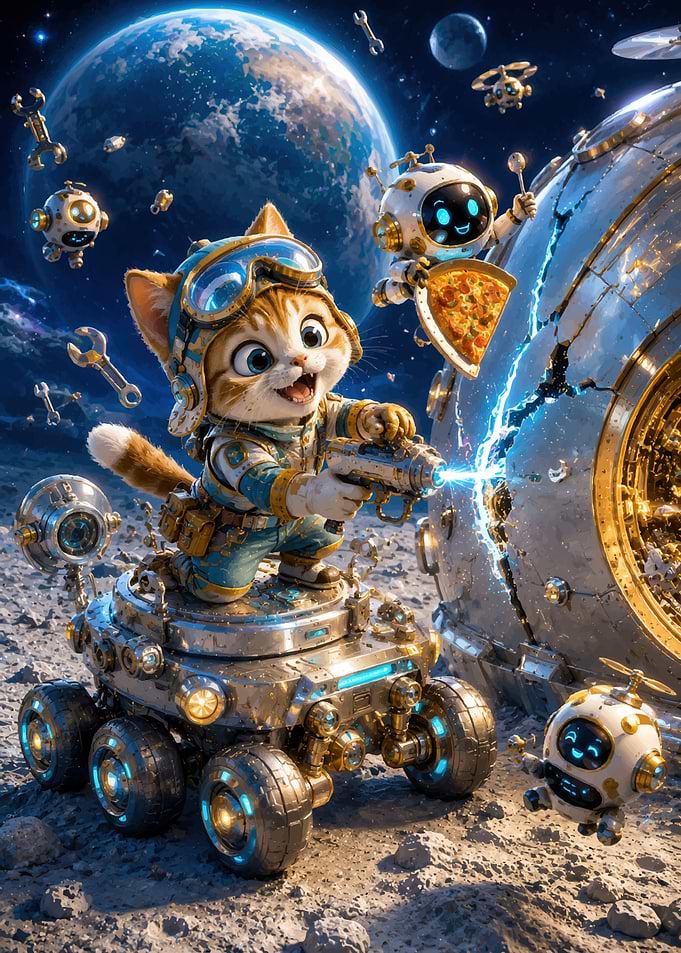 Space Cat Mechanic Repairing Spaceship