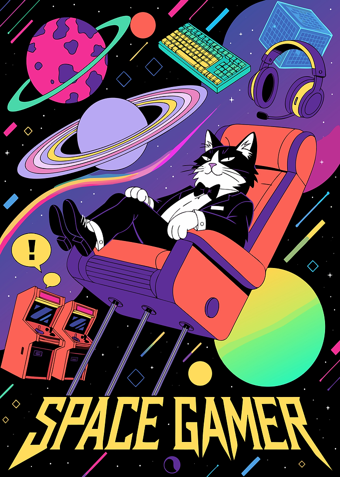 Space Gamer Tuxedo Cat Illustration