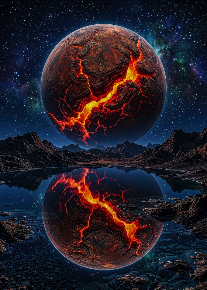 Cracked Lava Planet Over Alien Lake