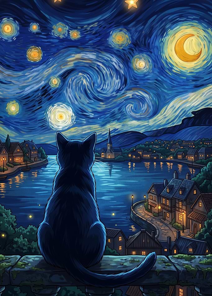 Black Cat Watching Starry Night