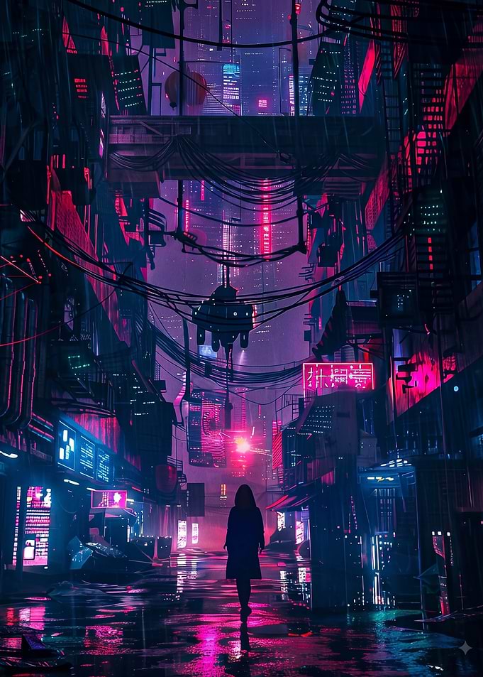 Lone Figure in Cyberpunk City