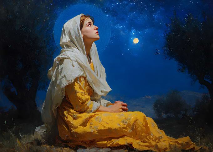 Virgin Mary Praying Under Night Sky
