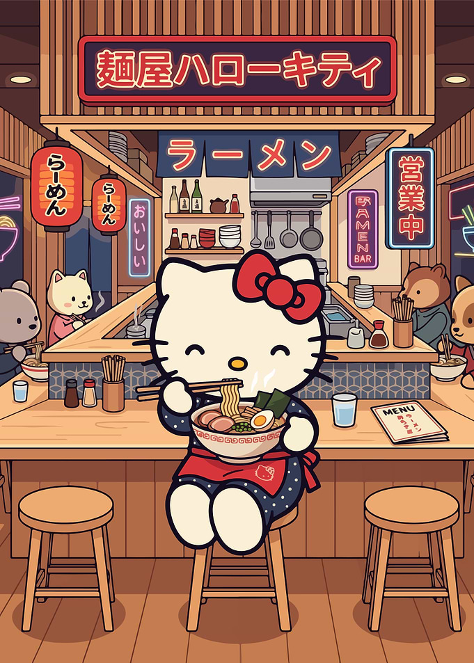 Hello Kitty Eating Ramen at Shop