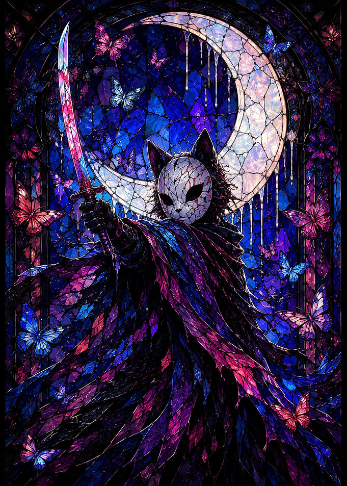 Stained Glass Cat Samurai Warrior