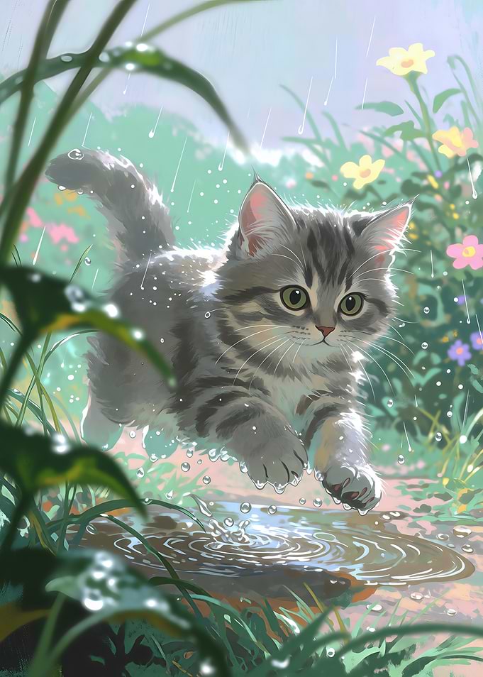 Cute Kitten Playing in Rain
