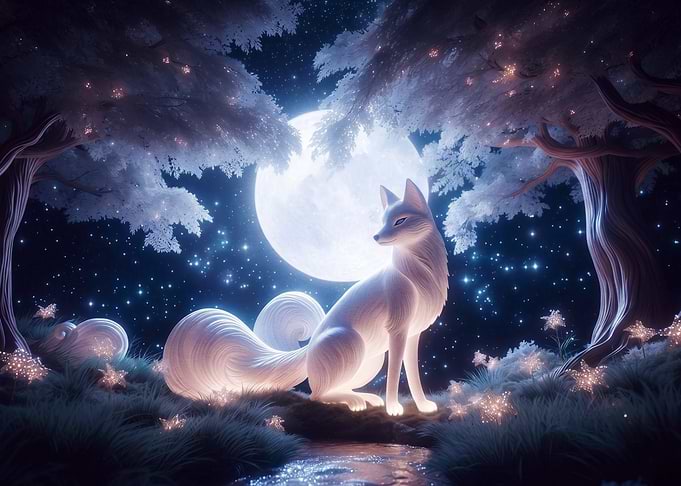 Ethereal White Fox Under Moonlight