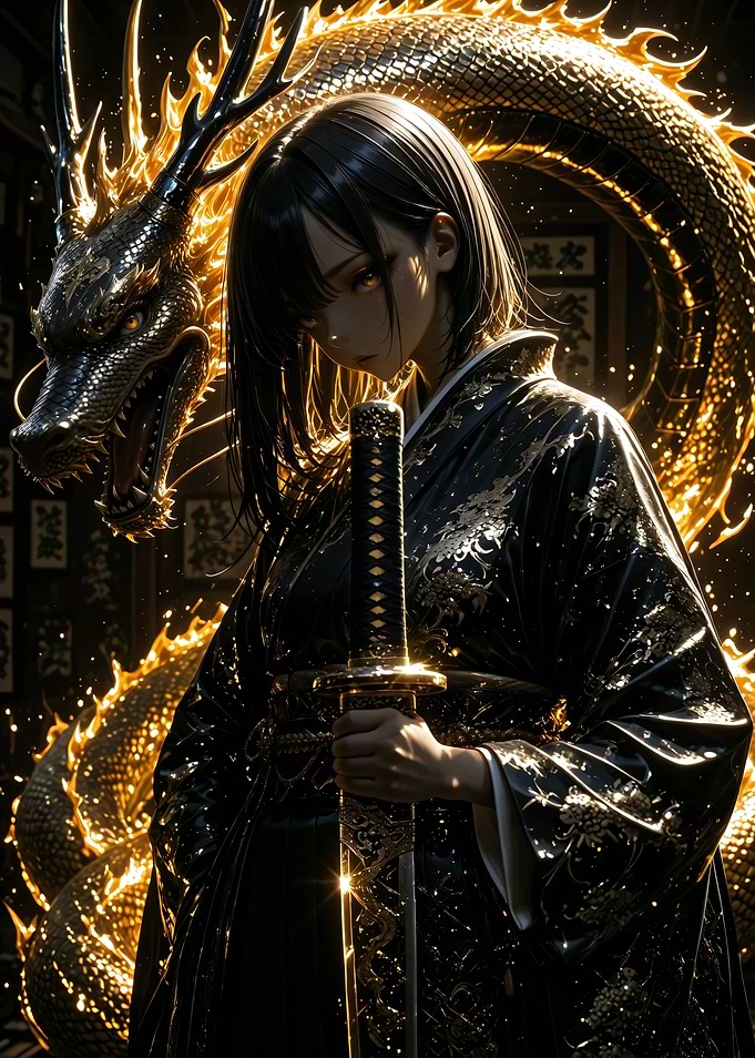 Anime Girl with Golden Dragon