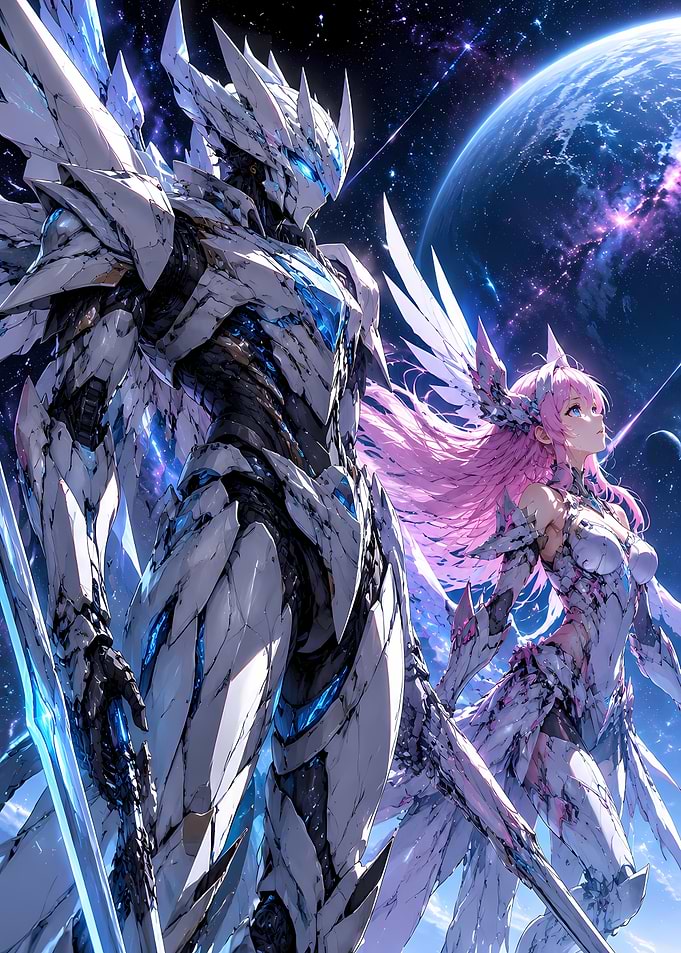 Celestial Mecha Warrior and Pink-Haired Guardian