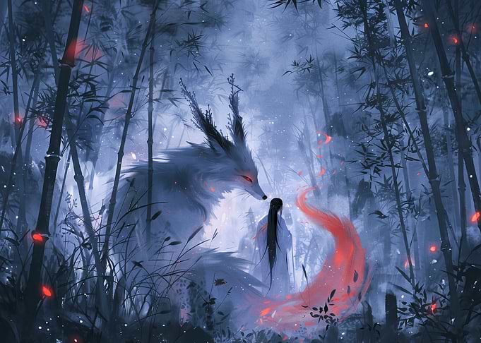 Mystical Fox Spirit in Bamboo Forest