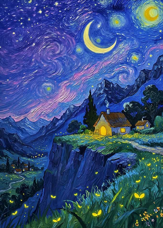 Starry Night Mountain Cottage Landscape