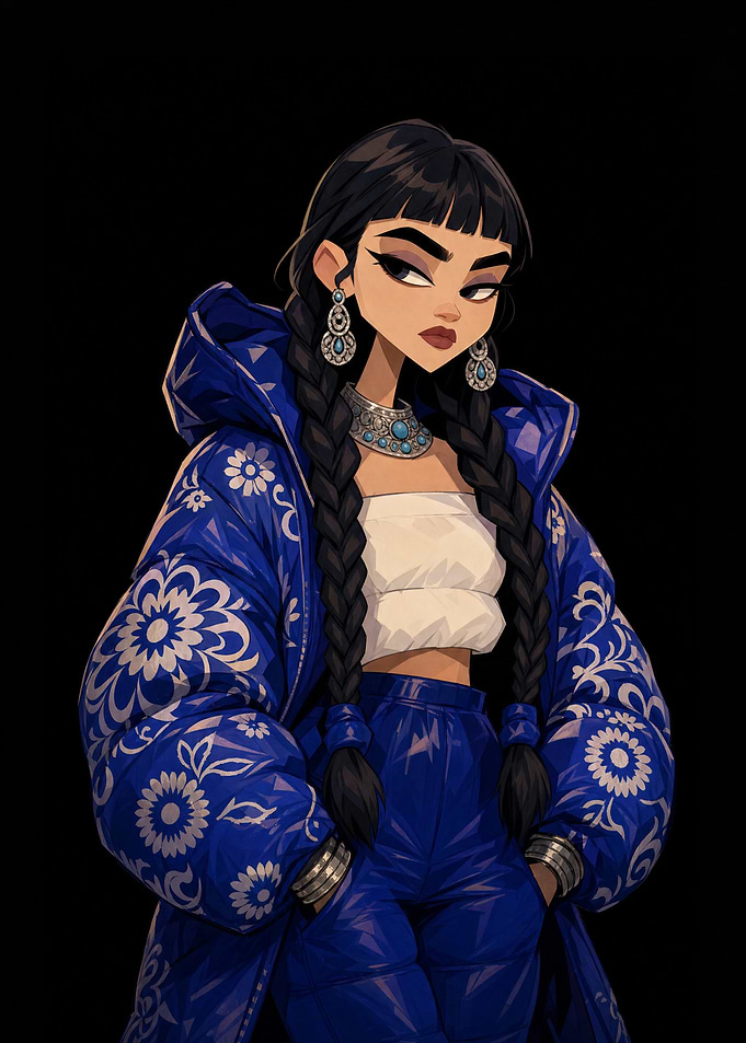 Stylish Woman in Blue Floral Puffer