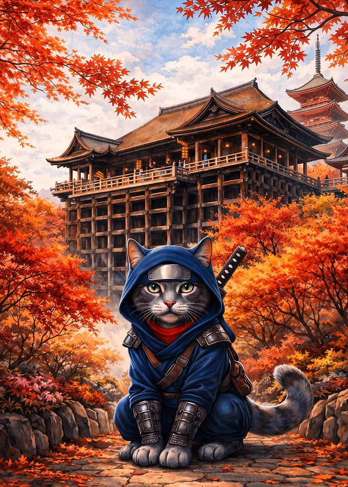 Ninja Cat in Autumn Temple Setting