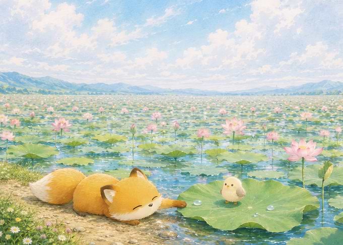 Cute Fox and Chick by Pond