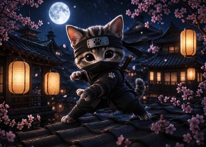 Cute Ninja Kitten on Rooftop