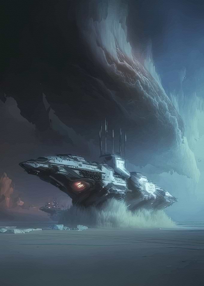 Futuristic Spaceship Landing on Icy Planet