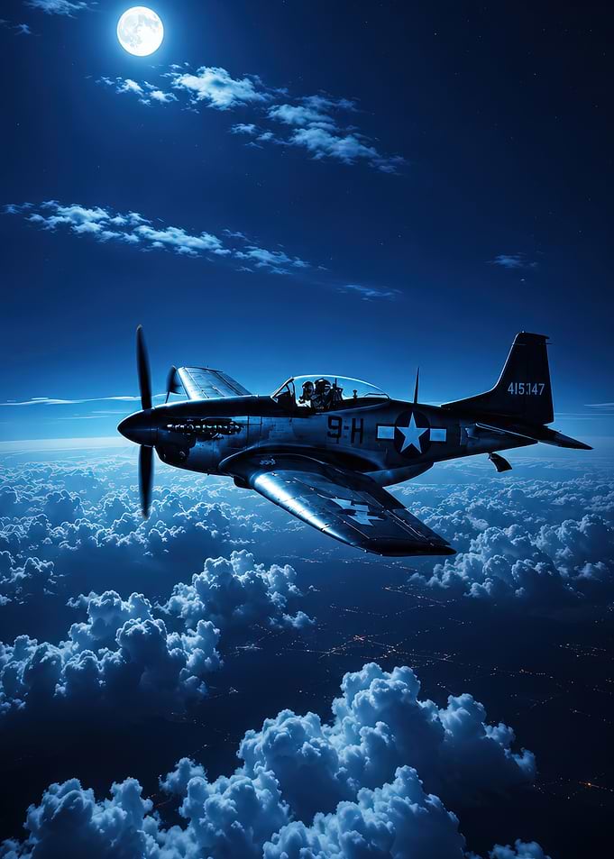 P-51 Mustang Flying Under Moonlight