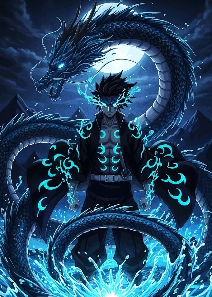 Anime Warrior with Blue Water Dragon