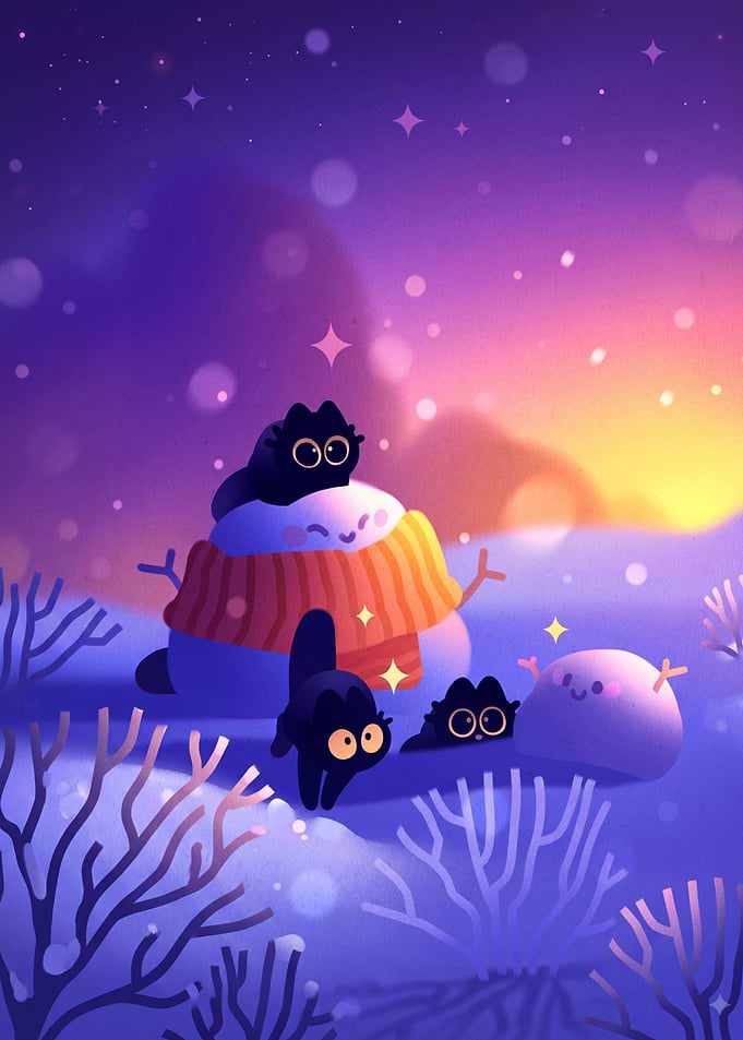 Cute Black Cats Playing in Snow