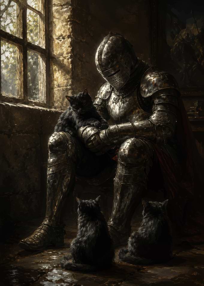 Knight Sitting with Black Cats