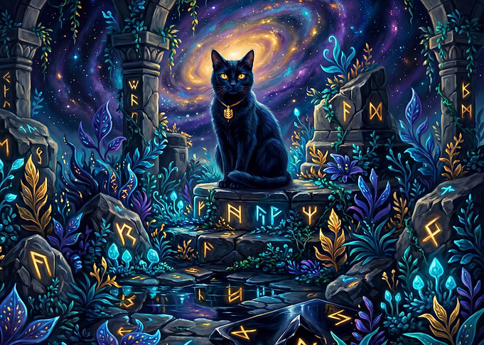 Mystical Black Cat in Cosmic Ruins