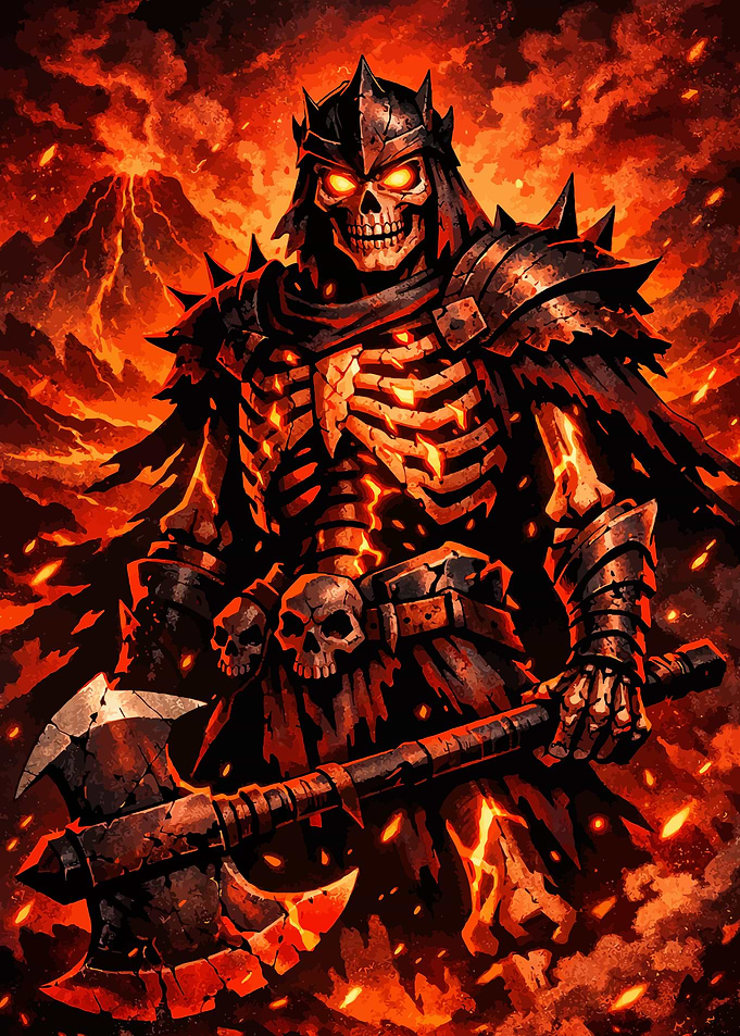 Fiery Skeleton Warrior in Volcanic Landscape