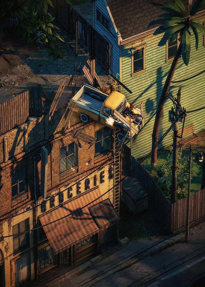 Yellow Pickup Truck Crashed Into Building