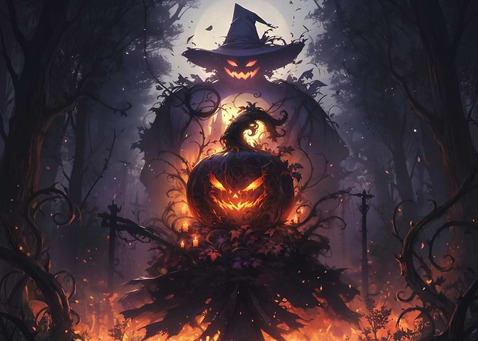 Eerie Halloween Jack-o'-Lantern Forest Scene