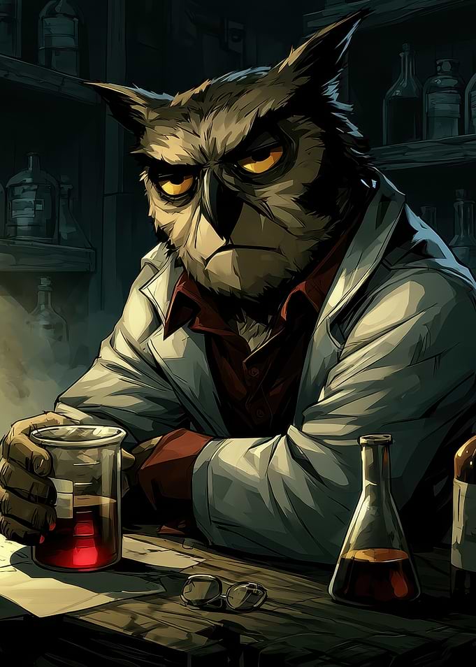 Grumpy Owl Scientist in Laboratory