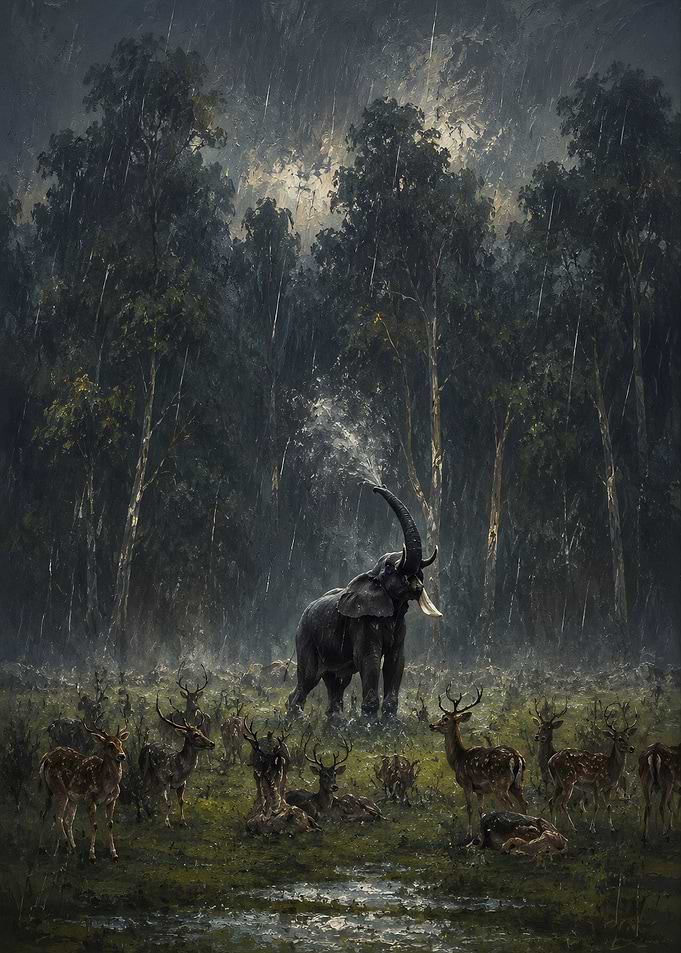 Elephant and Deer in Rainy Forest