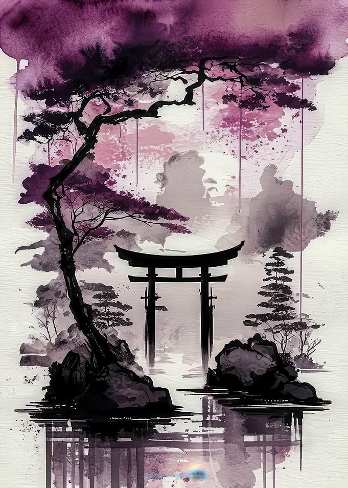 Watercolor Torii Gate Landscape