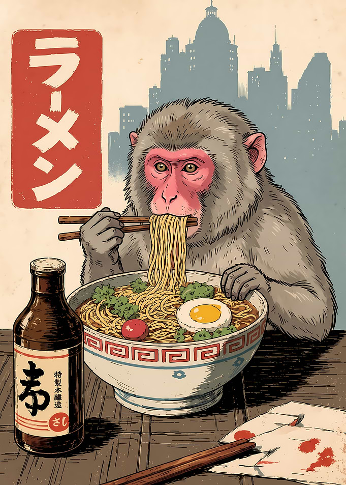Japanese Macaque Eating Ramen Illustration