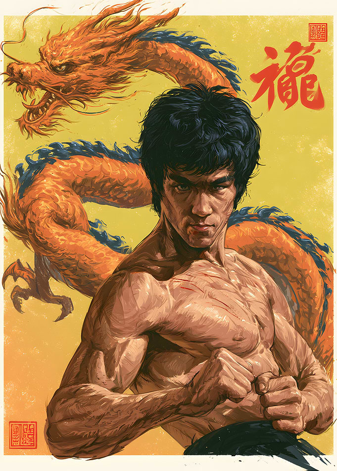 Bruce Lee with Dragon Illustration