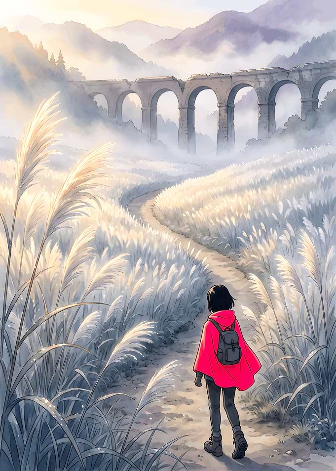 Girl Walking Through Misty Grasslands