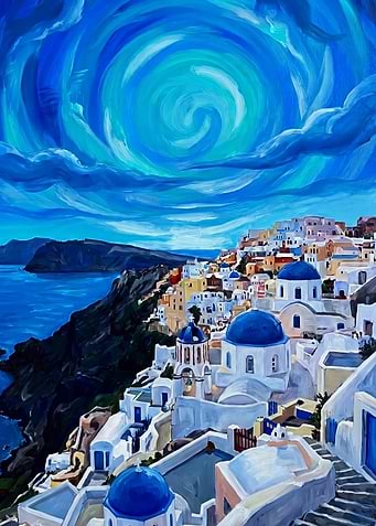 Santorini Blue Dome Landscape Painting