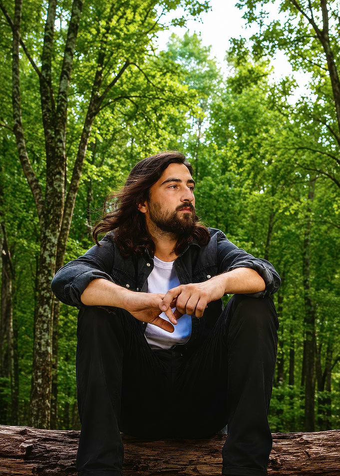 Man with long hair in forest