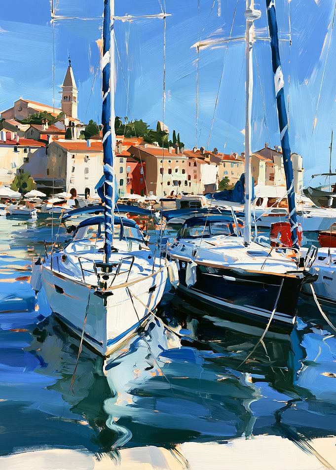 Oil Painting of Boats in Harbor