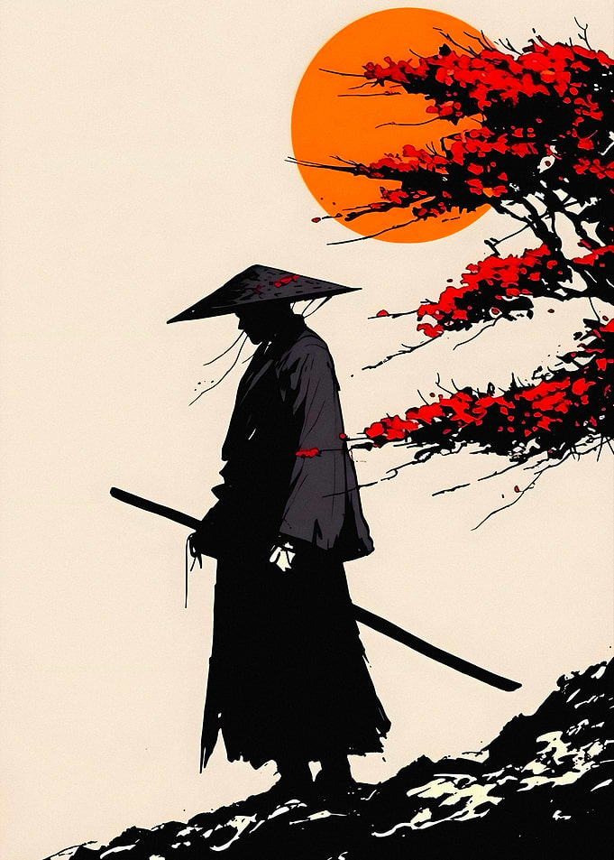 Samurai Silhouette Under Red Tree