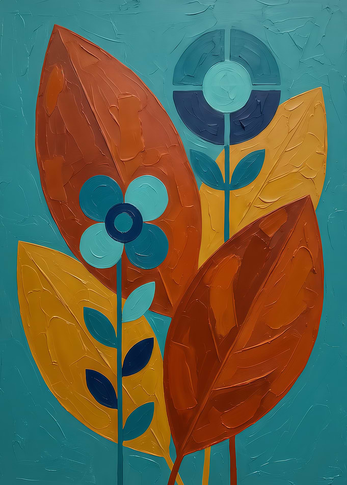 Abstract Floral Painting with Textured Leaves