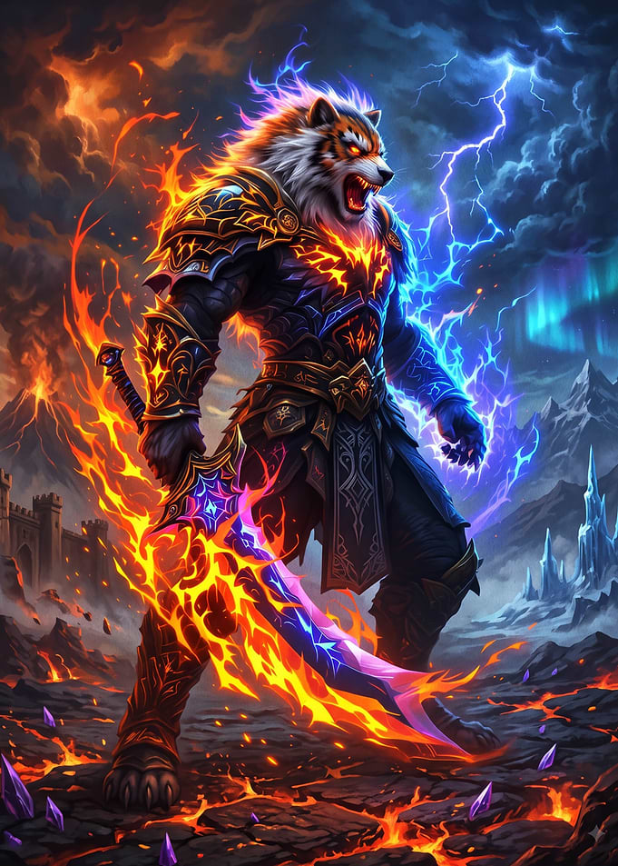 Elemental Tiger Warrior with Flaming Sword