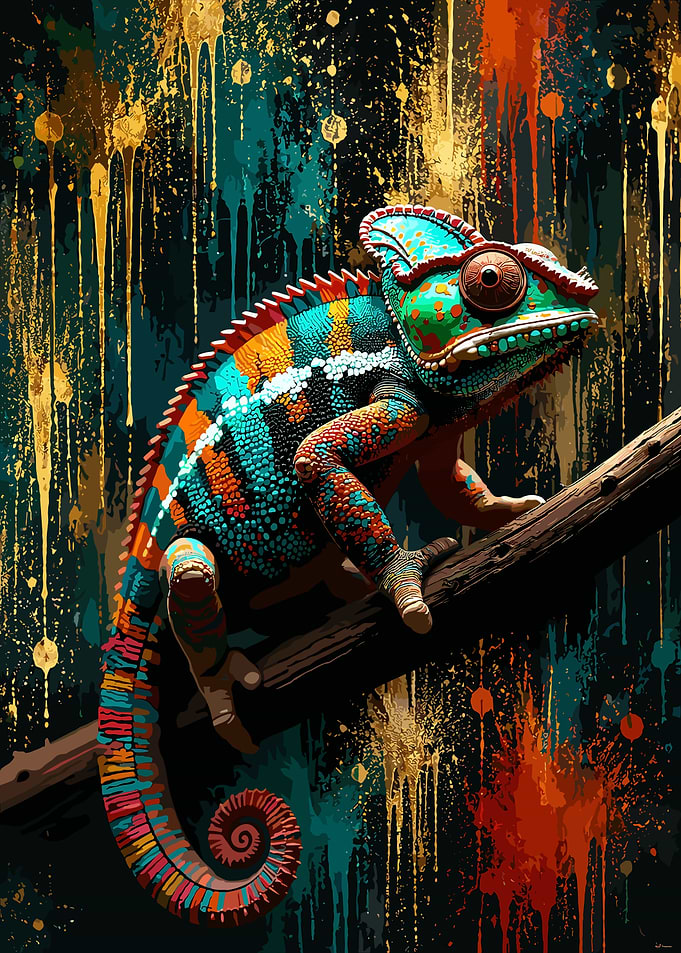 Vibrant Chameleon on Branch Art
