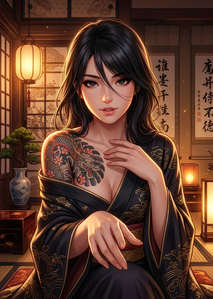 Woman with Dragon Tattoo in Kimono