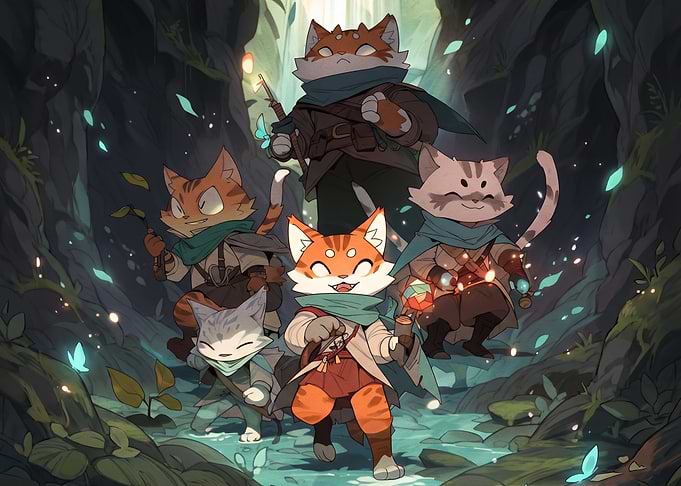 Adventuring Cat Party in Forest