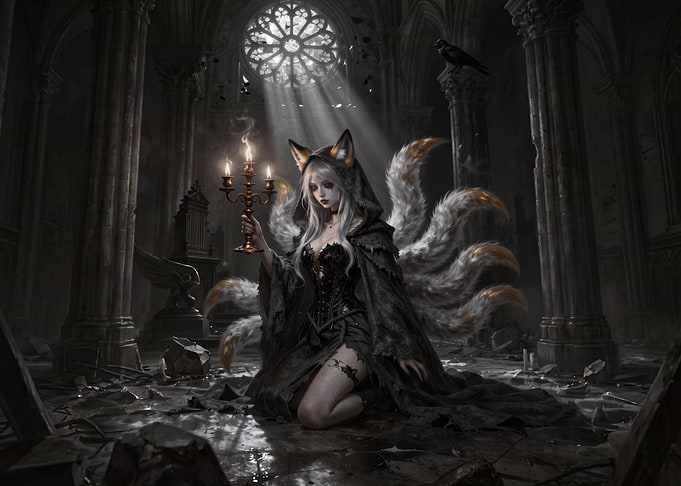Nine-Tailed Fox in Gothic Cathedral