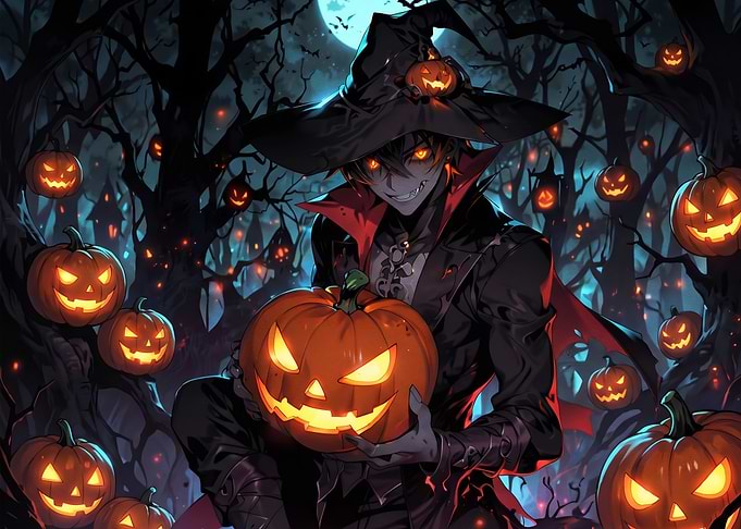 Anime Witch Boy with Jack-o'-Lanterns